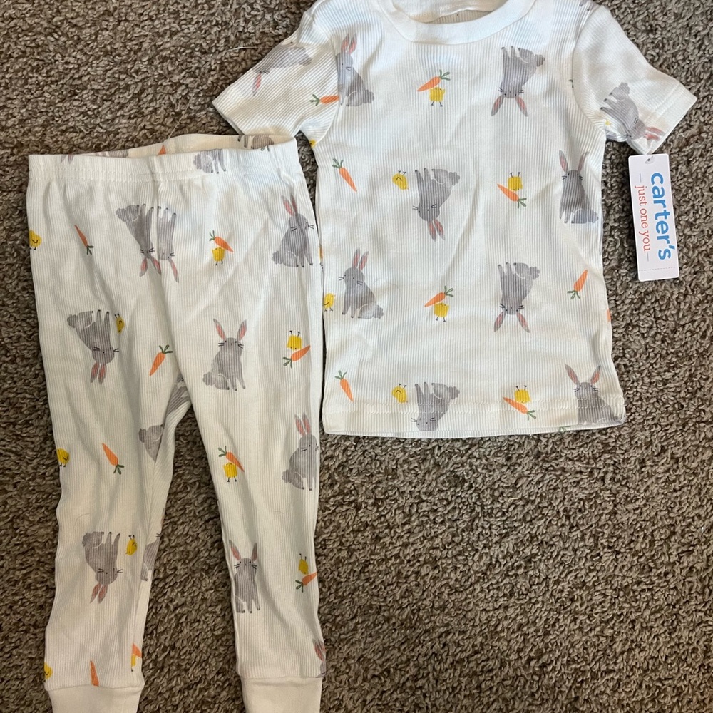 Carter's Kids Pajamas - White with Gray and Orange Bunny Print